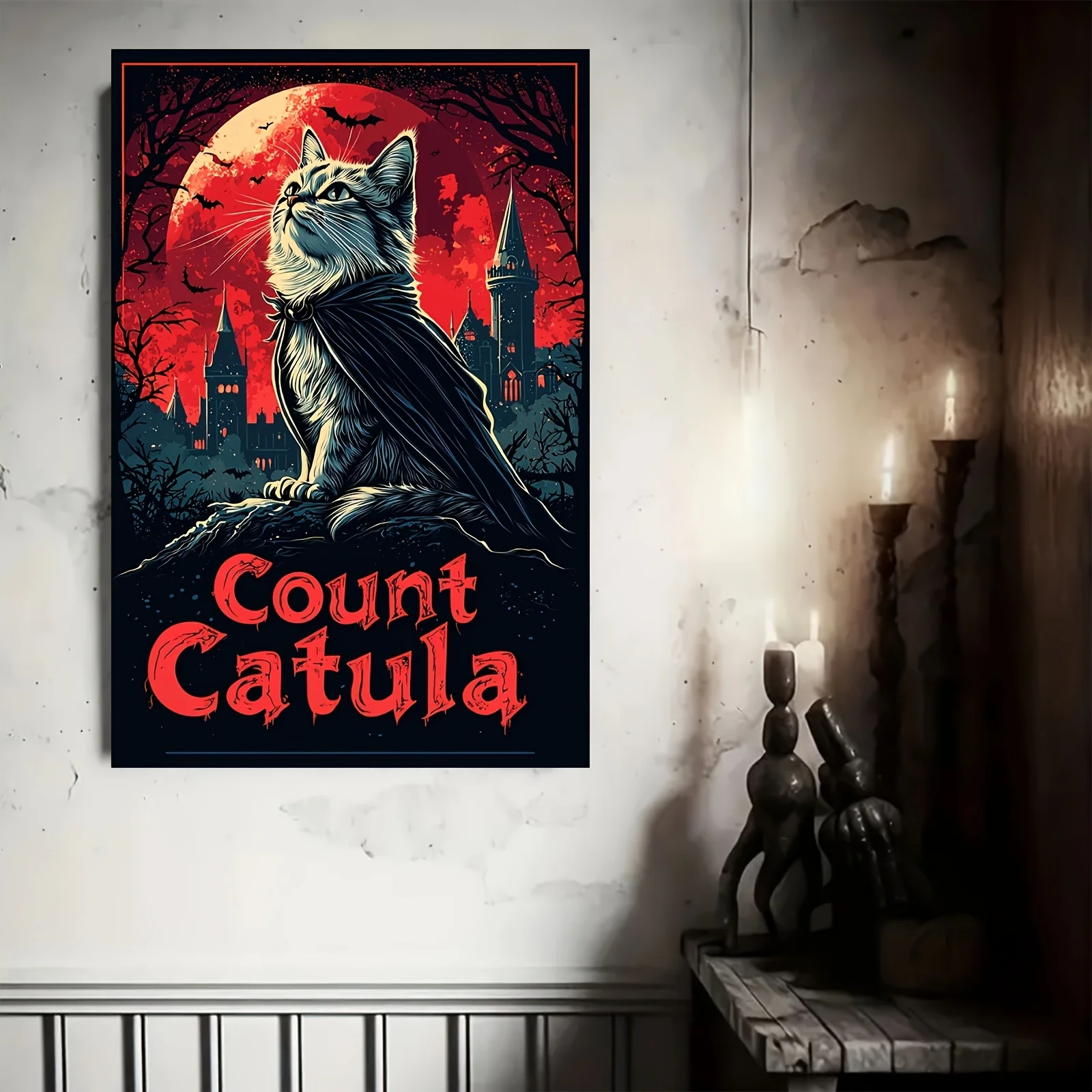 1pc Count Catula Vampire Cat Poster - Dracula-Inspired Gothic Vampire Wallpaper - Retro Horror Vampire Diaries Fans - Bold Red
