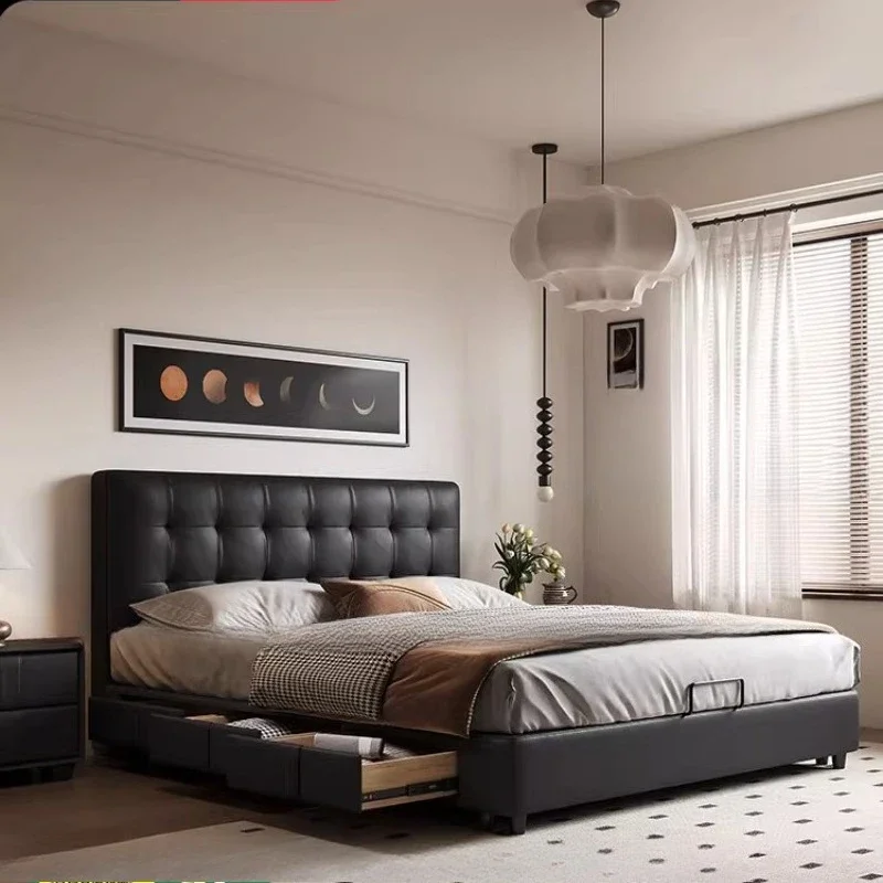 

French retro storage waffle bed master bedroom leather bed Italian light luxury black antique bed