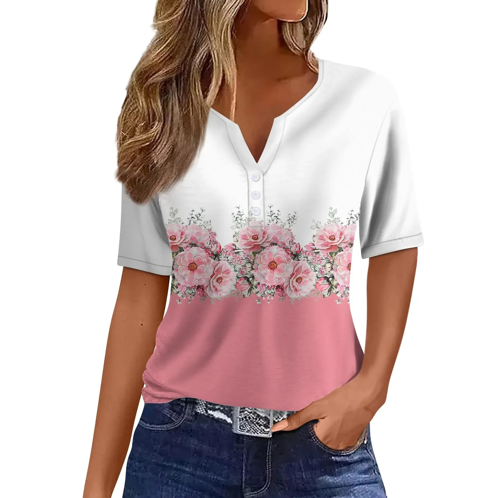 

Top Y2k T Shirt For Women Fashion Short Sleeve Top Pink Floral Print Shirts And Blouses Summer Autumn Clothes For Women 2024
