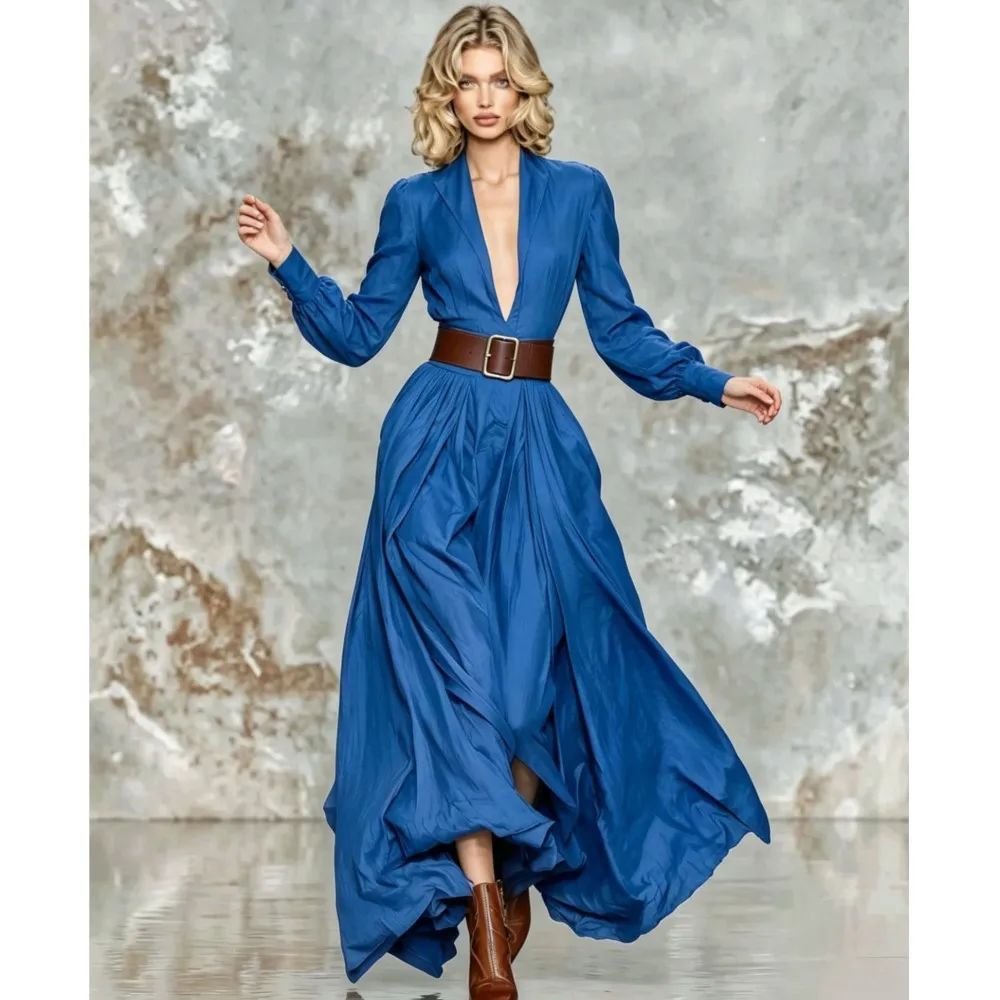 Autumn New Fashion Sexy Deep V Neck Long Sleeve Women's Long Dress Elegant Female Slim Pocket Swing Party Dress (Including Belt)