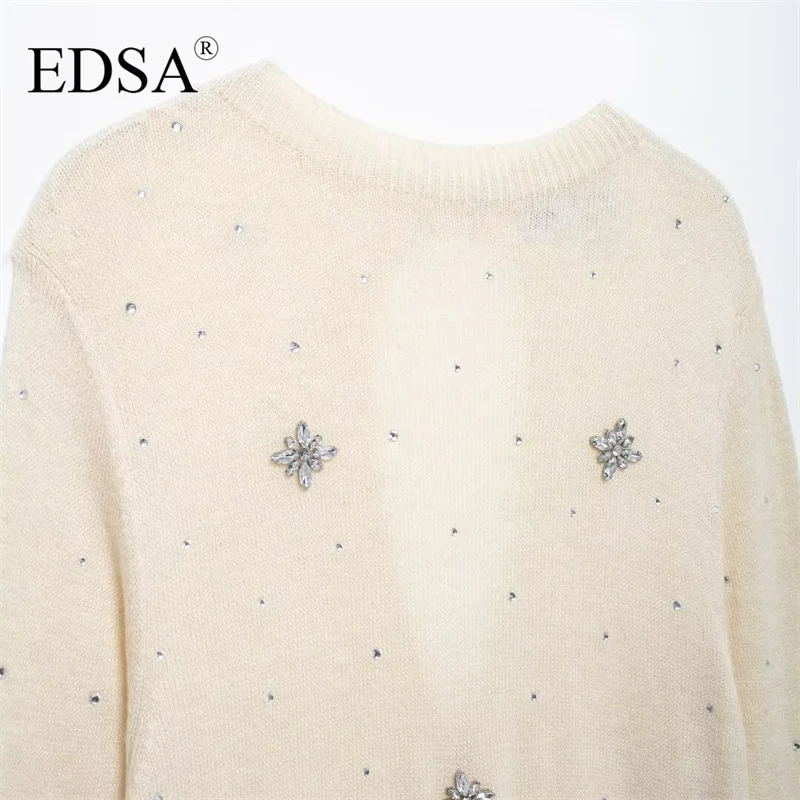 EDSA  Women Beige Knitted Sweater With Pearls Single Breasted Vintage O-Neck Long Sleeves Female Chic Lady Tops