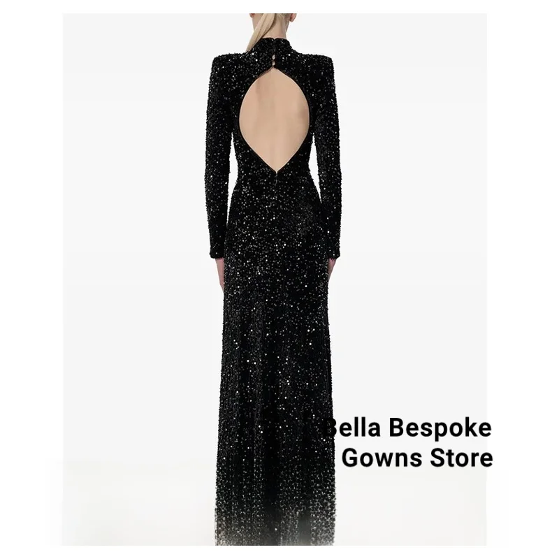 

High Neck Arabian Evening Dress Customized Full Sleeves Open Back Floor Length Saudi Prom Gown Sequined Black Party Dresses