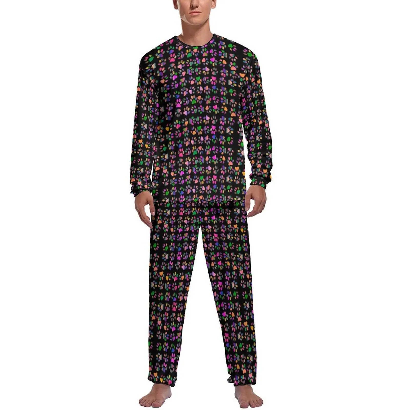 Colorful Dog Paws Pajamas Rainbow Print Men Long-Sleeve Soft Pajama Sets 2 Pieces Bedroom Autumn Pattern Sleepwear Birthday Gift