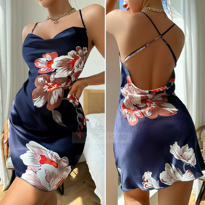 

Summer New Female Suspender Nightgown Lingerie Print Flower Backless Chemise Sleepwear Nightdress Solk Satin Home Dressing Gown