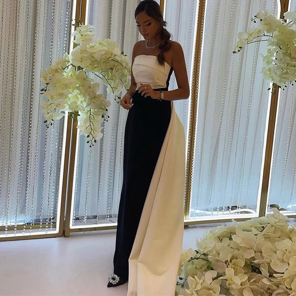 

Modest Black/White Satin Strapless Evening Dresses Sleeveless Saudi Arabic Long Women Formal Party Prom Gown Long Vestidos Dress