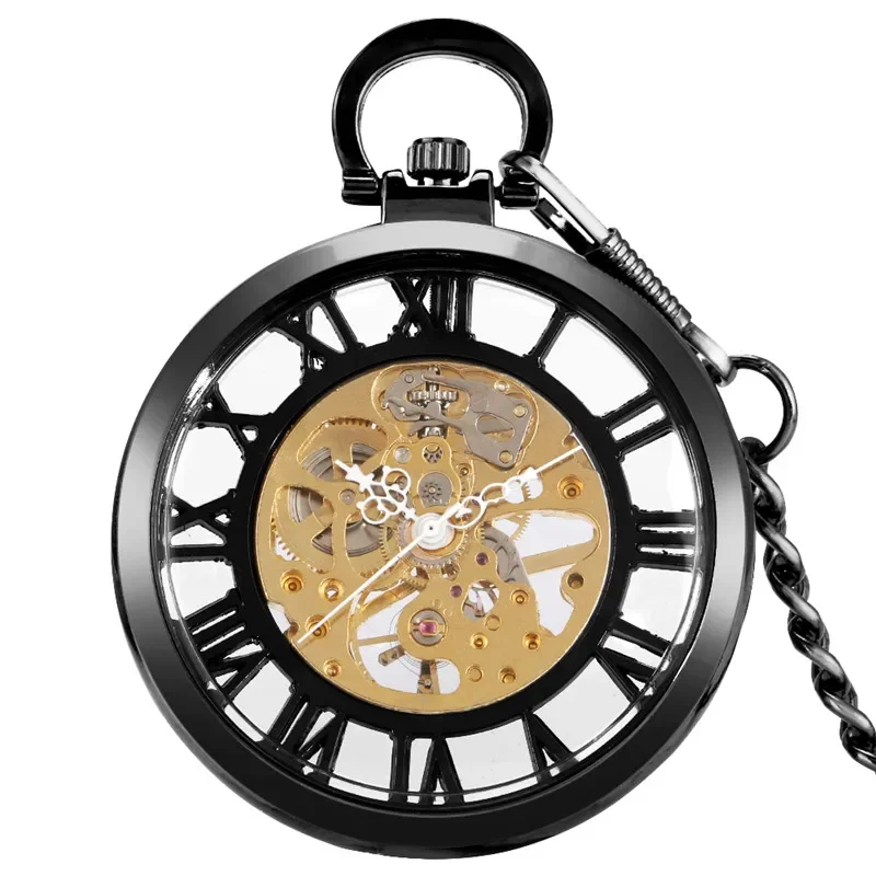 Luxo mão-vento mecânico números romanos steampunk relógio de bolso transparente rosto aberto corrente preta masculino feminino presente legal