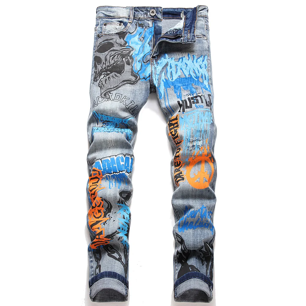 Men Graffiti Print Denim Jeans Streetwear Skull Letters Painted Stretch Pants Holes Ripped Distressed Slim Tapered Trousers