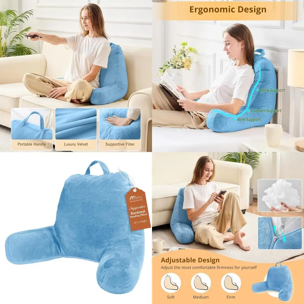 

Blue Velvet Reading Pillow with Armrests for Bed, Couch, and Floor Sitting Support