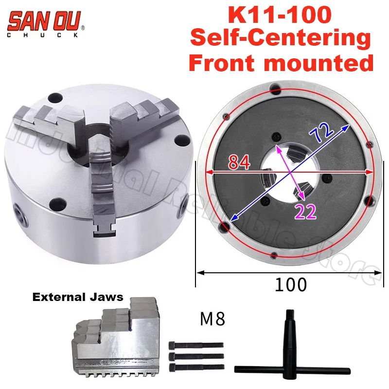 SANOU 3 Jaw Lathe Chuck K11-100 Manual Self-Centering Metal Working Tool with Jaws 4-Inch Turning Machine Accessories