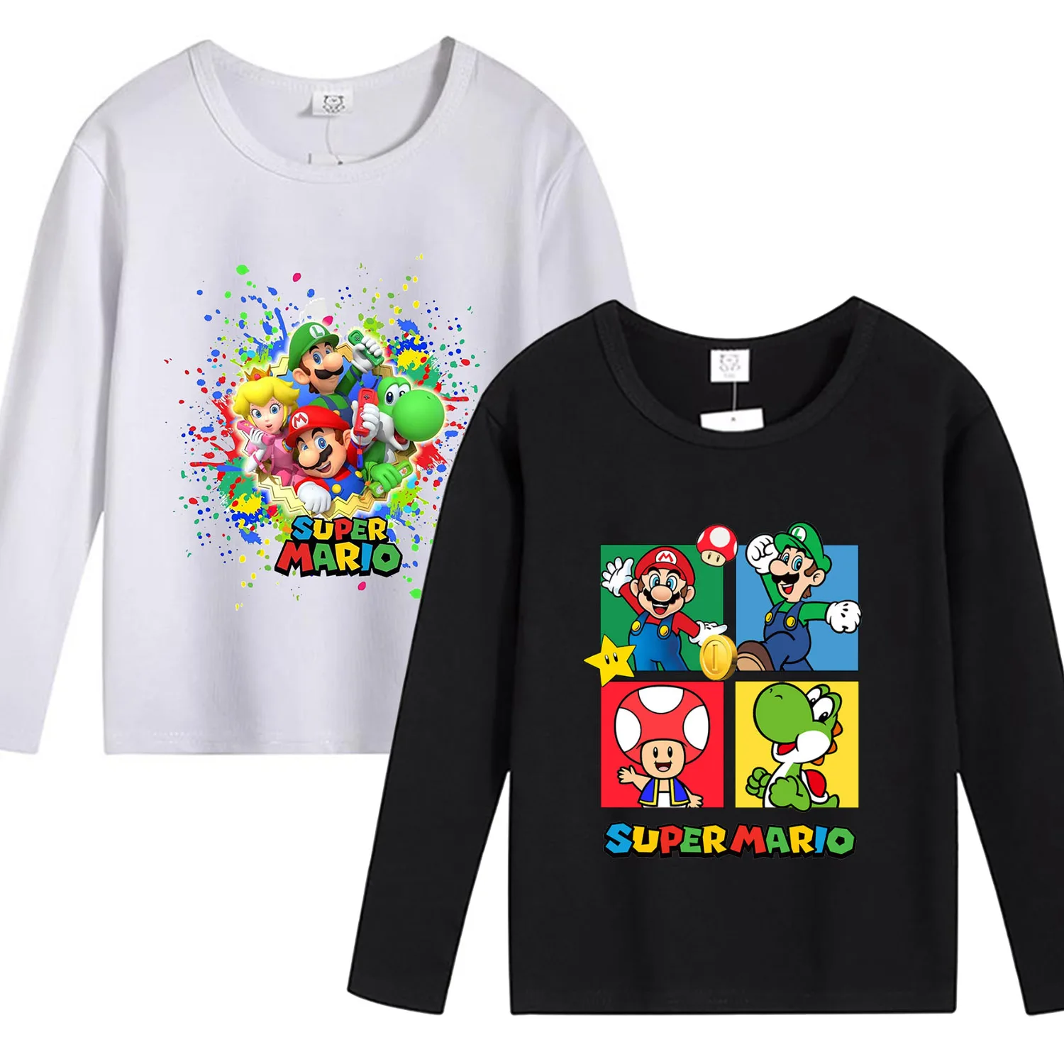 Super Mario Bros Children's Long Sleeve T-shirt Cartoon Black White Casual Cotton Clothes Cute Game Figure Versatile Blouse Gift