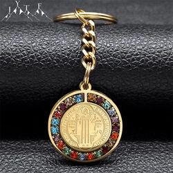 Colorful Crystal Saint Benedict Medal Keychain Women Men Stainless Steel Keyring Key Chain Jewelry Gifts San Benito K8391S05