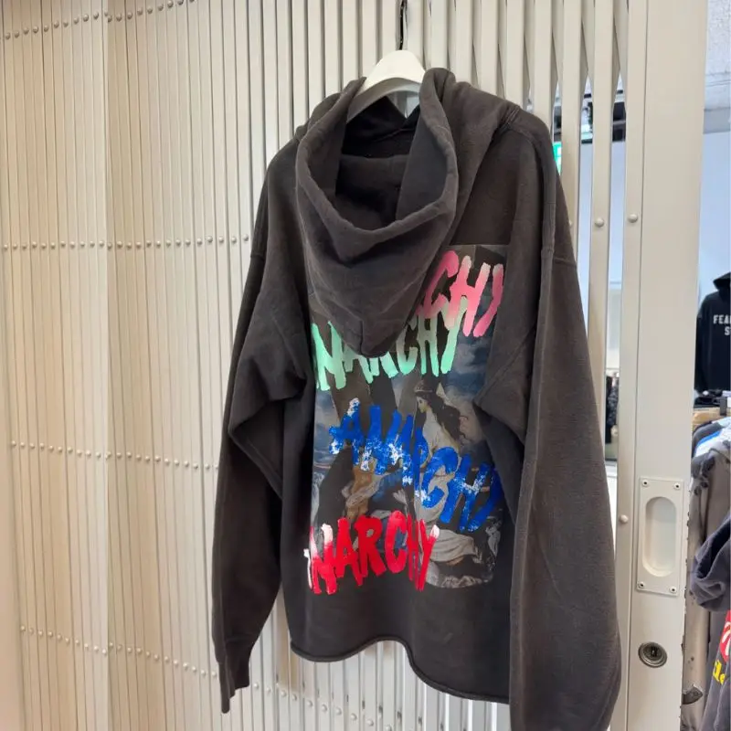 Winter Black Saint Hoody Vintage Worn Out Inverted Golden Letter Colorful Barrage Print Hood Sweatshirts Men Women Streetwear
