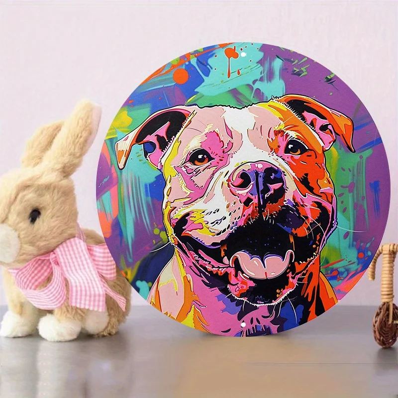 Colorful Pitbull Dog Portrait Round Aluminum Wall Sign, UV and Scratch Resistant, Easy-Hang Decoration, Wall Art, Home Decor