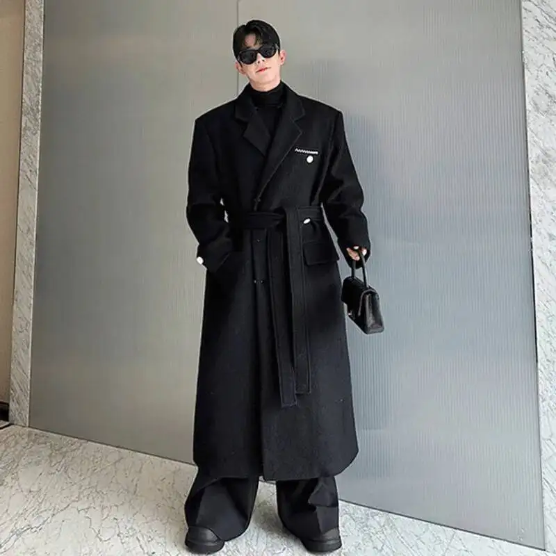 Cappotti di lana da uomo di design coreano Casual ispessito con lacci ricamato monopetto bavero lungo trincea maschile Nuovo