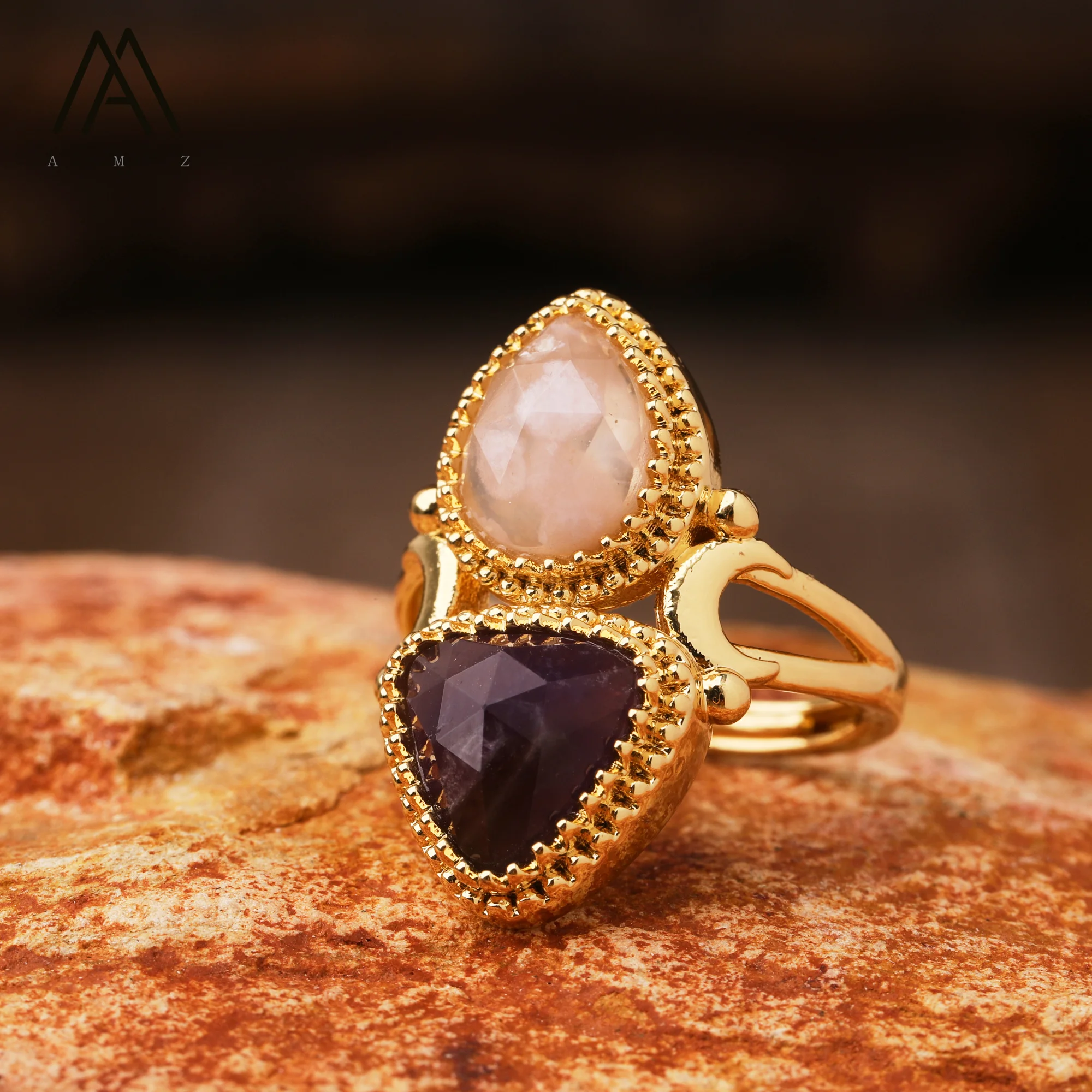 

Designer Amethysts Rings Natural Crystal Gemstone Drop Triangle Shape Adjustable Ring Wedding Jewelry