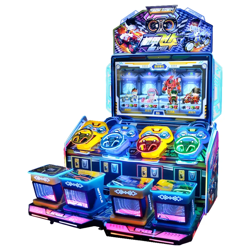 4 Players Car Racing Arcade Machine, Multi-Character Selection, LED Dynamic Seat, Mecha Speed Game Cabinet