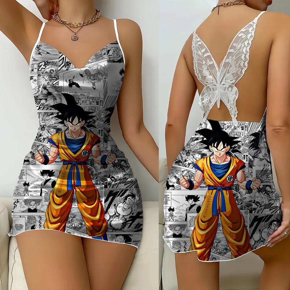 女性用ナイトガウン、ホームウェア、高級サテンアニメドラゴンボールプリントVネックレースバックレスキャミソールナイトガウン、ブライダルパジャマ