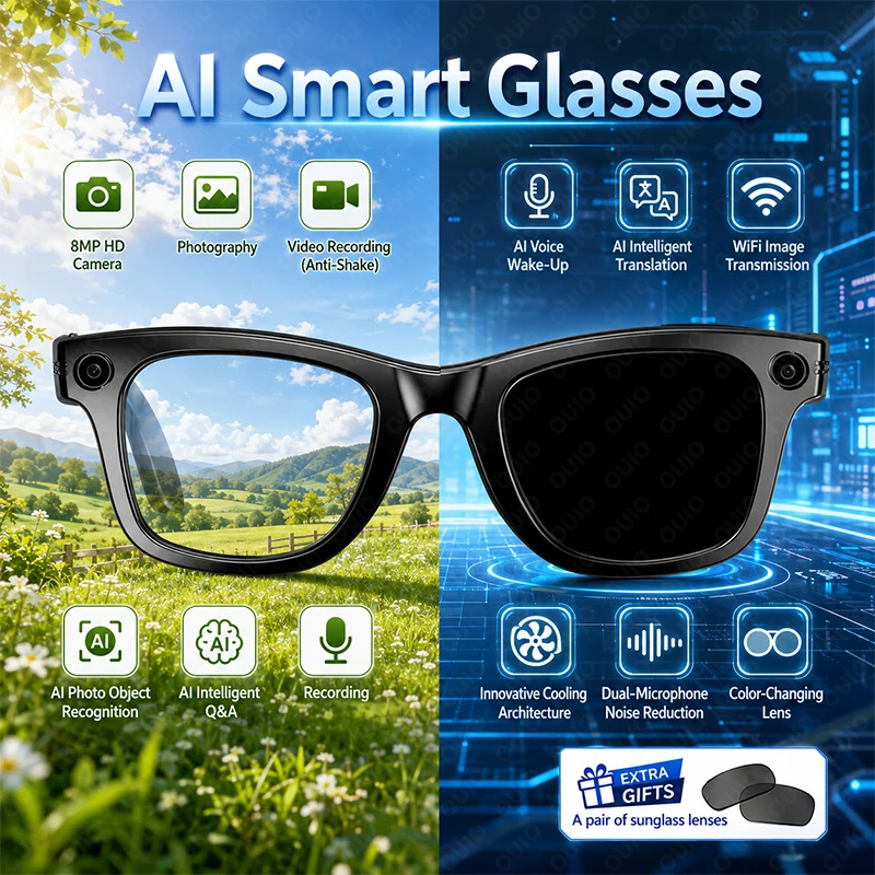 Wireless AI Glasses 8MP Camera 32MP Photos WiFi Transfer Dual Mic ENC Noise Reduction Visual Recognition IP66 270mAh Battery