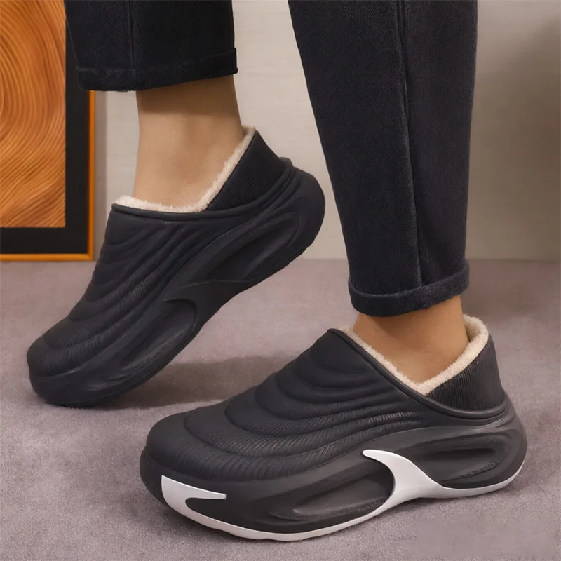 Men Plus Size 47 Warm Plush Waterproof EVA Slippers 2026 Winter Soft Thick Bottom Home Slippers Couple's Non Slip Cotton Shoes