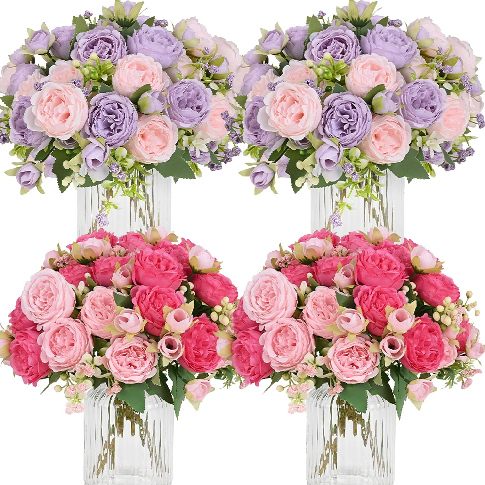Flores Artificiais em Tom Rosa-Púrpura de 30cm, 5 Cabeças Grandes e 4 Botões Pequenos, Buquê de Seda para Decoração de Casamento e Mesa