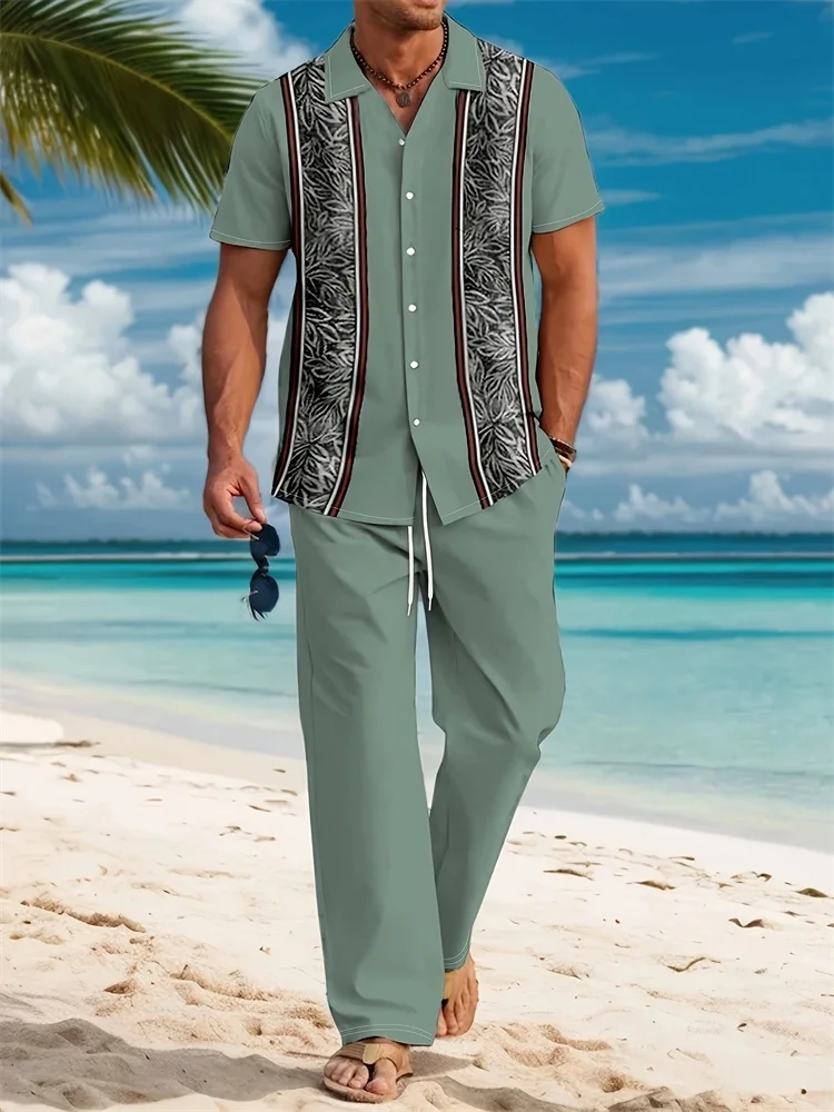 Light blue ethnic style patchwork print suit, short-sleeved shirt and trousers casual two-piece comfortable and relaxed casual