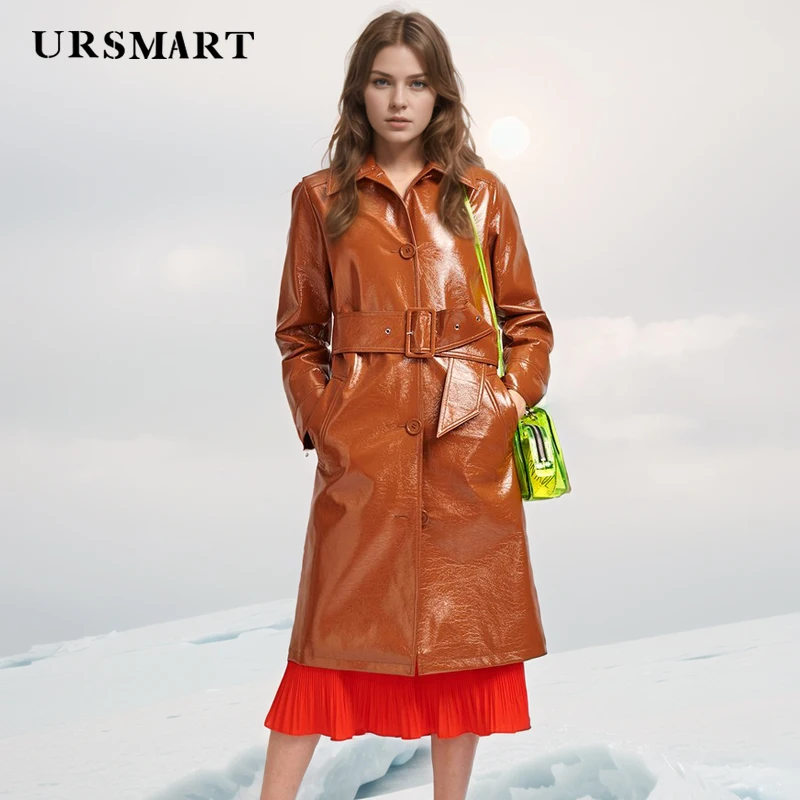 Genuine Leather Trench Coat for Women Single-Breasted with Turn-Down Collar and Wide Belt Vintage leather jacket