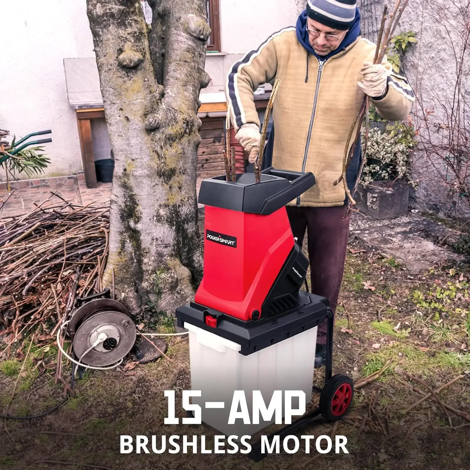 Electric Wood Chipper, Leaf mulcher 15-Amp, with Collecting Bin, for Garden, Yard, PS12A