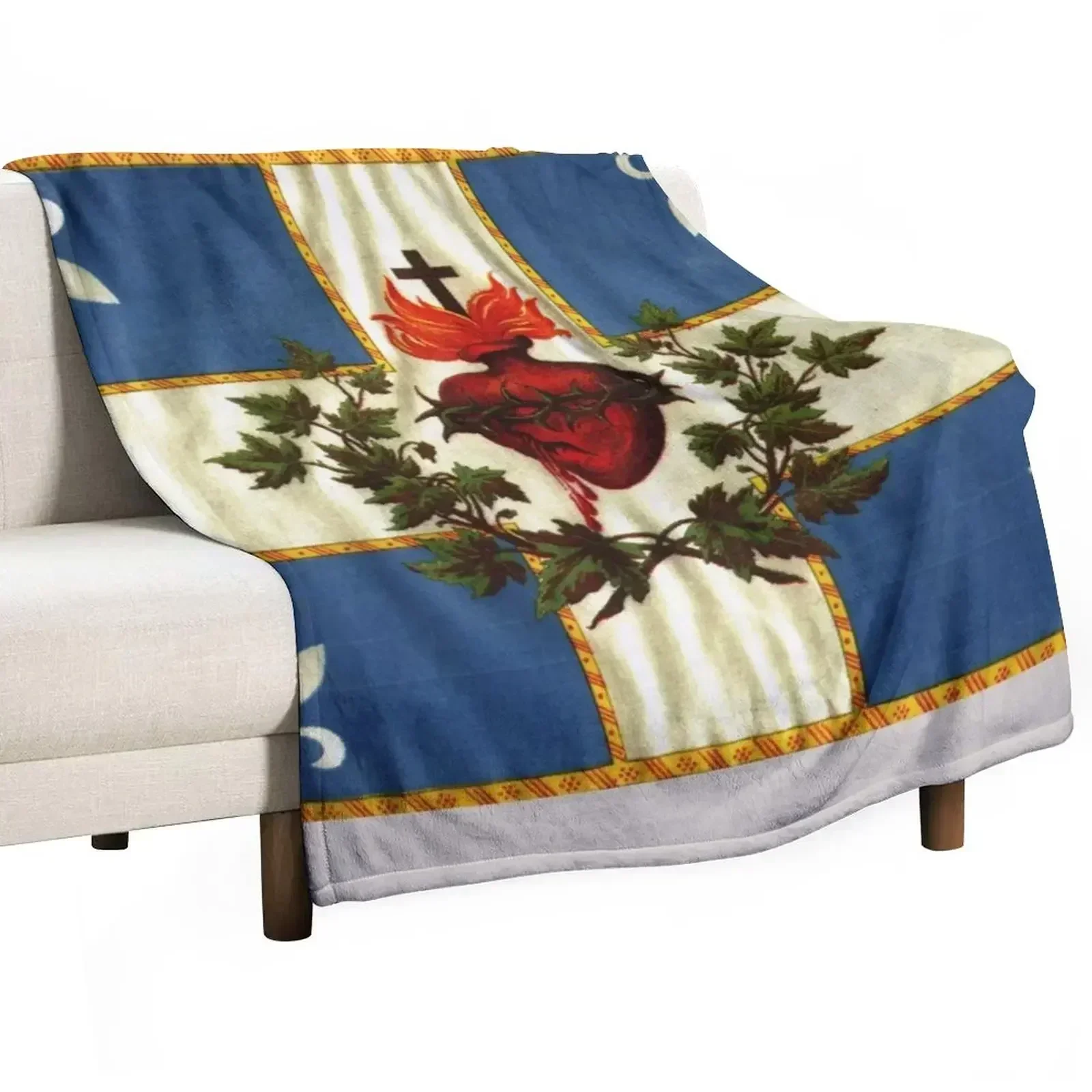 Quebec flag drapeau Québec Patriote Carillon Sacré-C?ur Christian Catholic old vintage edition with fleurs de lys Throw Blanket