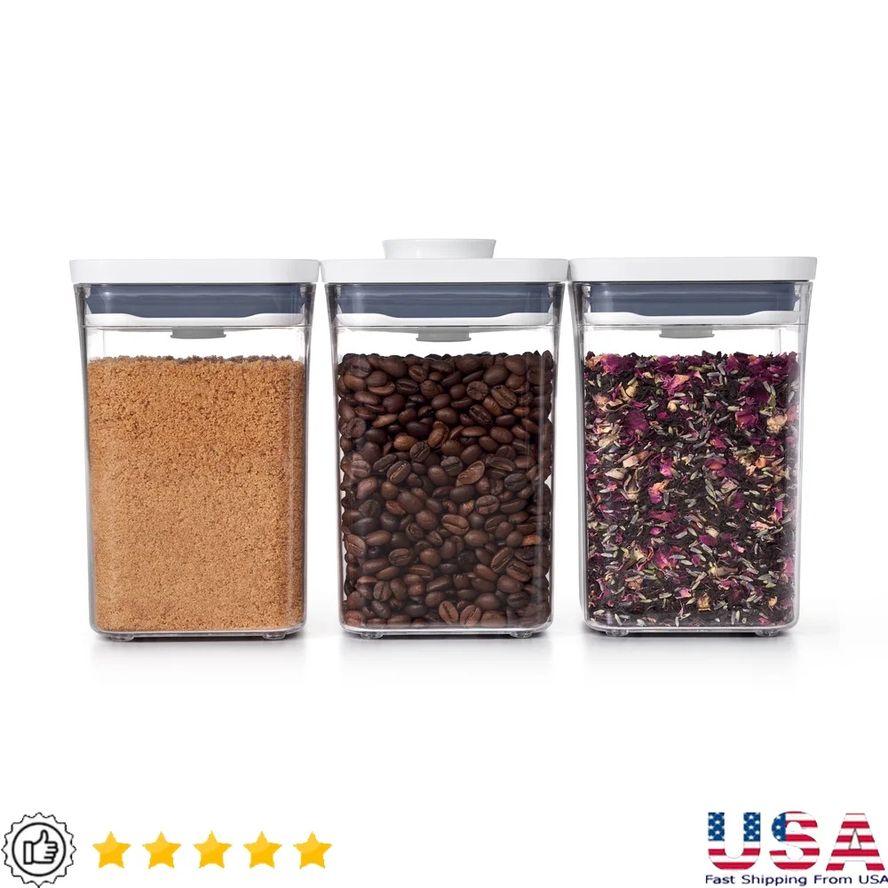 Conjunto de recipiente de armazenamento de alimentos hermético de 3 peças 1.1 Qt empilhável sem BPA organização de cozinha frascos de plástico transparente com botão de pressão