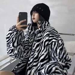 Korean Zebra Pattern Winter Coat Thicken Faux Fur Coat Women Zipper Fashion Retro Fur Jacket Coat Black Elegant Fluffy Outerwear