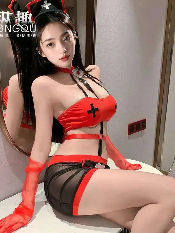 Casual Sexy Lingerie Nurse Uniform Hot Transparent Hip Hugging Skirt Set Uniform Dress Elegant Mesh Lace Sweet Sheer Q10H