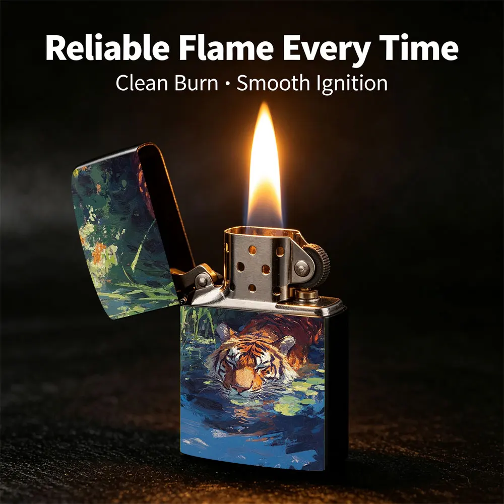 Pocket Lighter, Flip-Top Design, Metal Case, Tiger Swimming in Pond Painting with Green Plant Art, Windproof Flame, Comfortable Grip, Portable & Durable