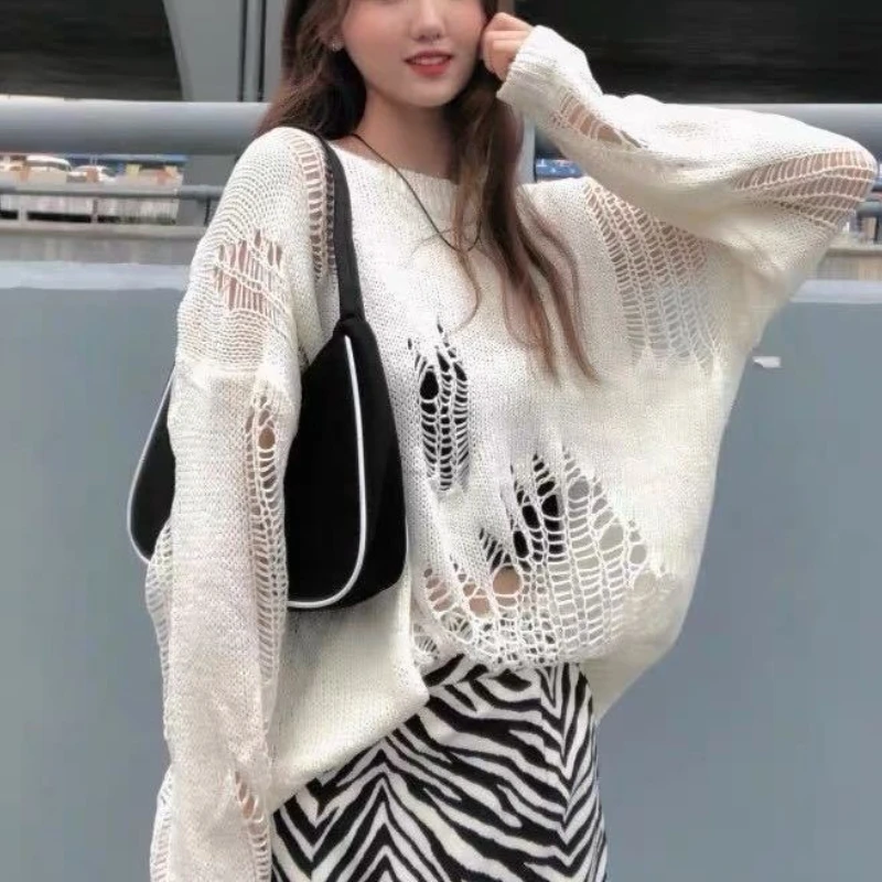 Y2K Loose Pullover Sweater Women's Autumn Long Thin Sweater Long Sleeve Hole Hollow Tops