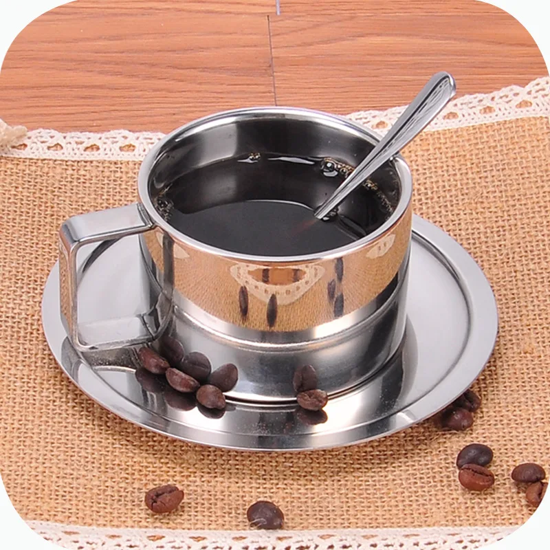 

Stainless Steel Coffee Mug Tea Cups With Saucer Double Wall Cafe Cup Spoon Simple Set for Home Kitchen Party