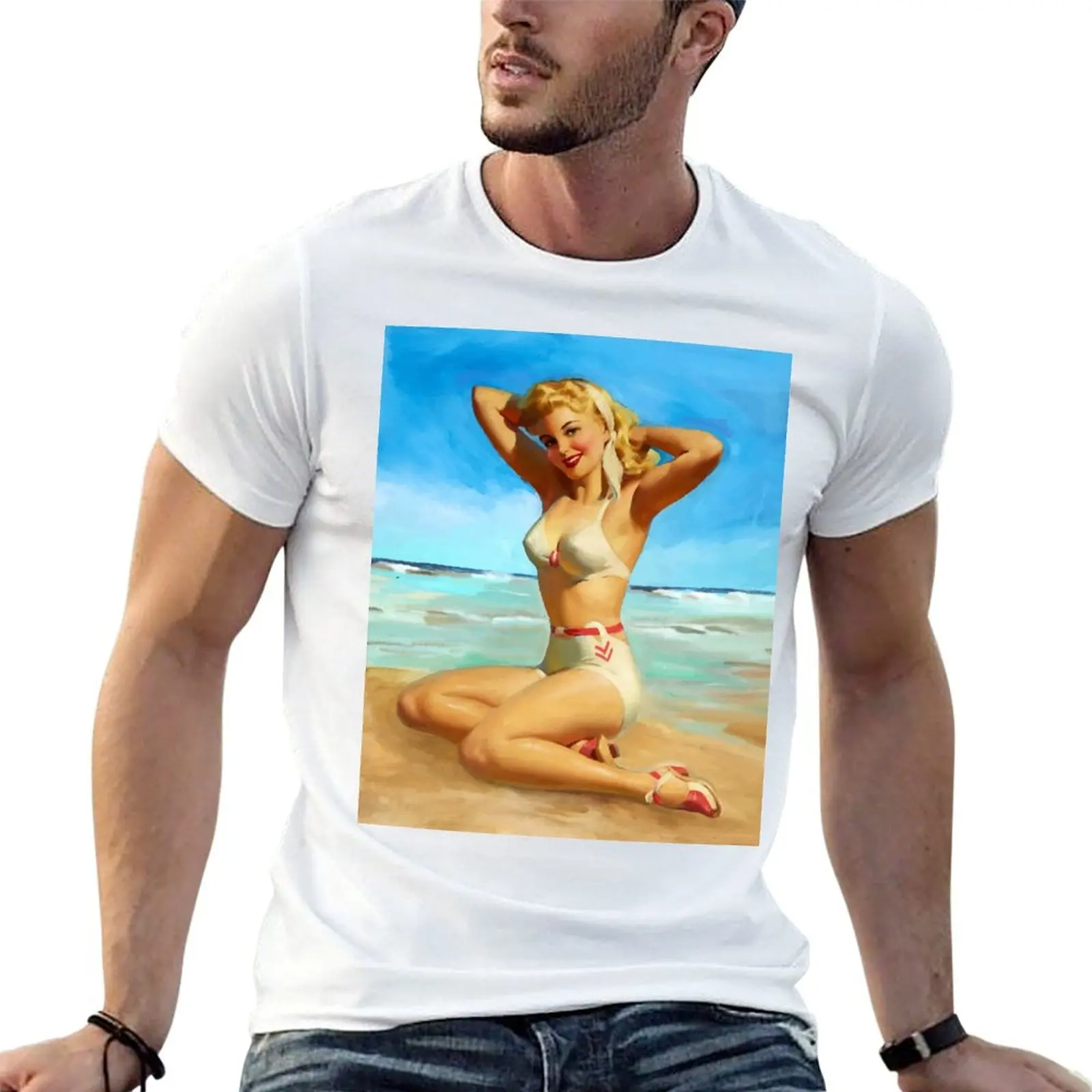 Sexy Pin-Up Lady in Bikini on the Beach T-Shirt Comfortable Work Wear Tee