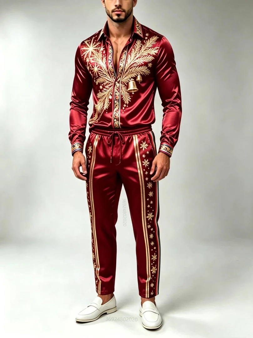 Men's luxury satin long sleeved shirt and pants two-piece set, Christmas pine branch bell print design style, fashionable and ca