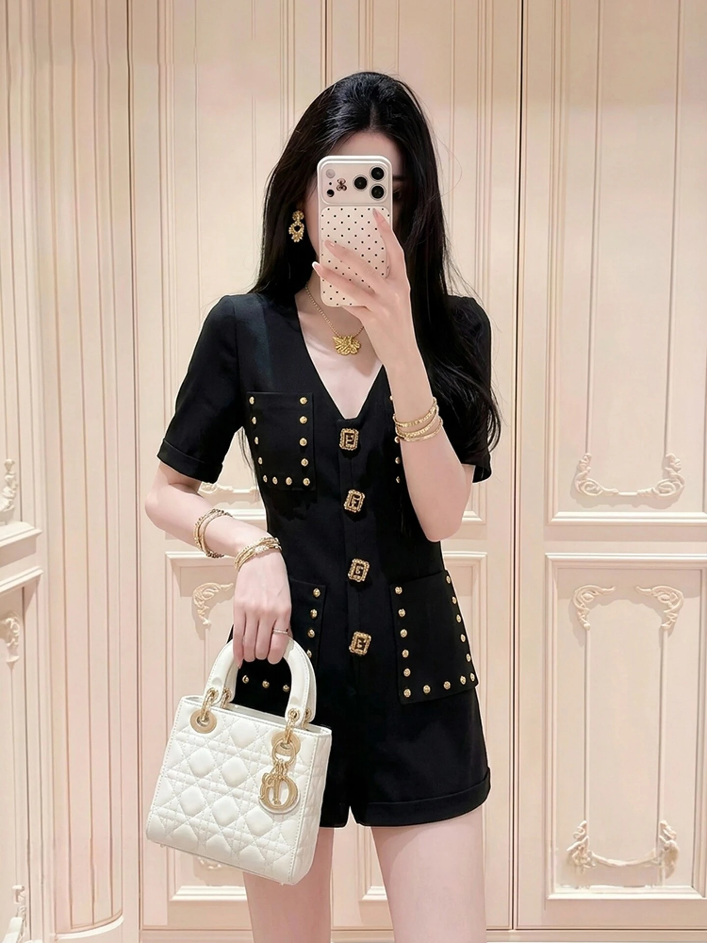 

Elegant Black One-Piece Jumpsuit Women's Fashion High Waist Wide Leg Pants Commute Style Rivet Detail Thin Polyester Fiber