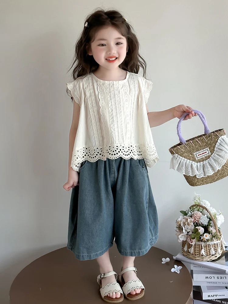 

Girls Summer Casual Denim Wide Leg Pants Two Piece Set Faionable Baby Outfit Cotton round Ne Button Closure
