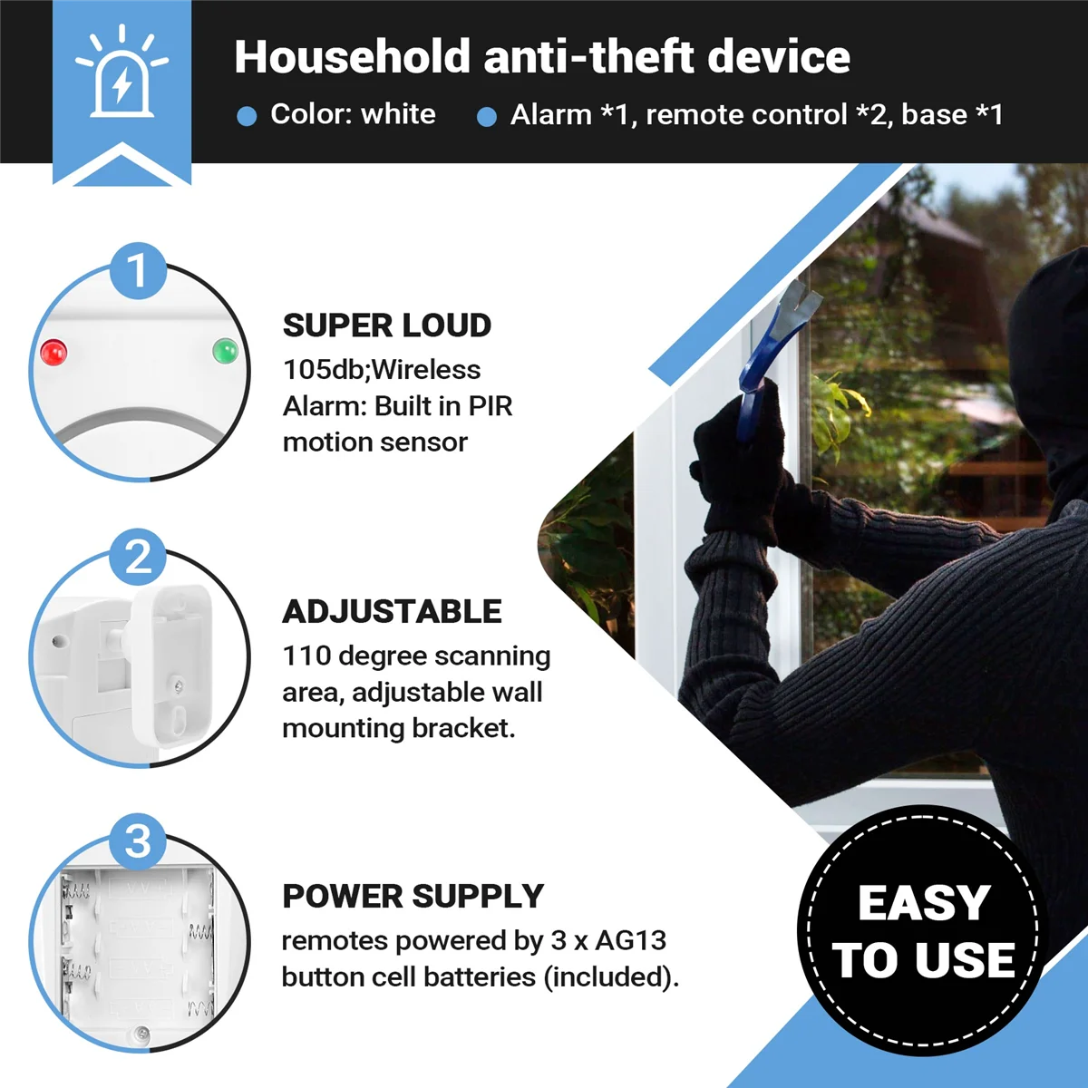 

New Infrared Motion Sensor Alarm - Burglar Alarm with 2 Remote Controls, Suitable for Home/Garages/Shops