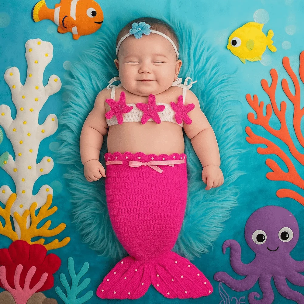 3pcs/Set Creative Baby Mermaid Costume Set Soft Solid Color Newborn Photography Props Washable Handmade Baby Photo Props