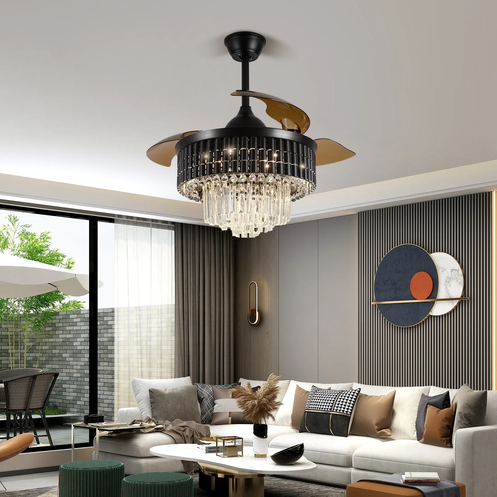 Ceiling Fan Lamp Led Light Home Decor Crystal Black Chandelier Smart RC Smart Living Dining Room Indoor Fixture BLDC Intelligent