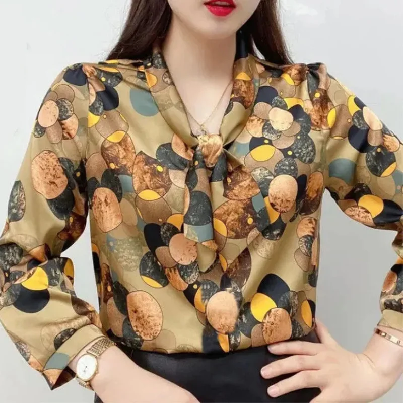 Camisa de gasa con lazo estampado para mujer, Jersey holgado de manga larga con cuello de bufanda, ropa elegante para primavera y otoño, 2023