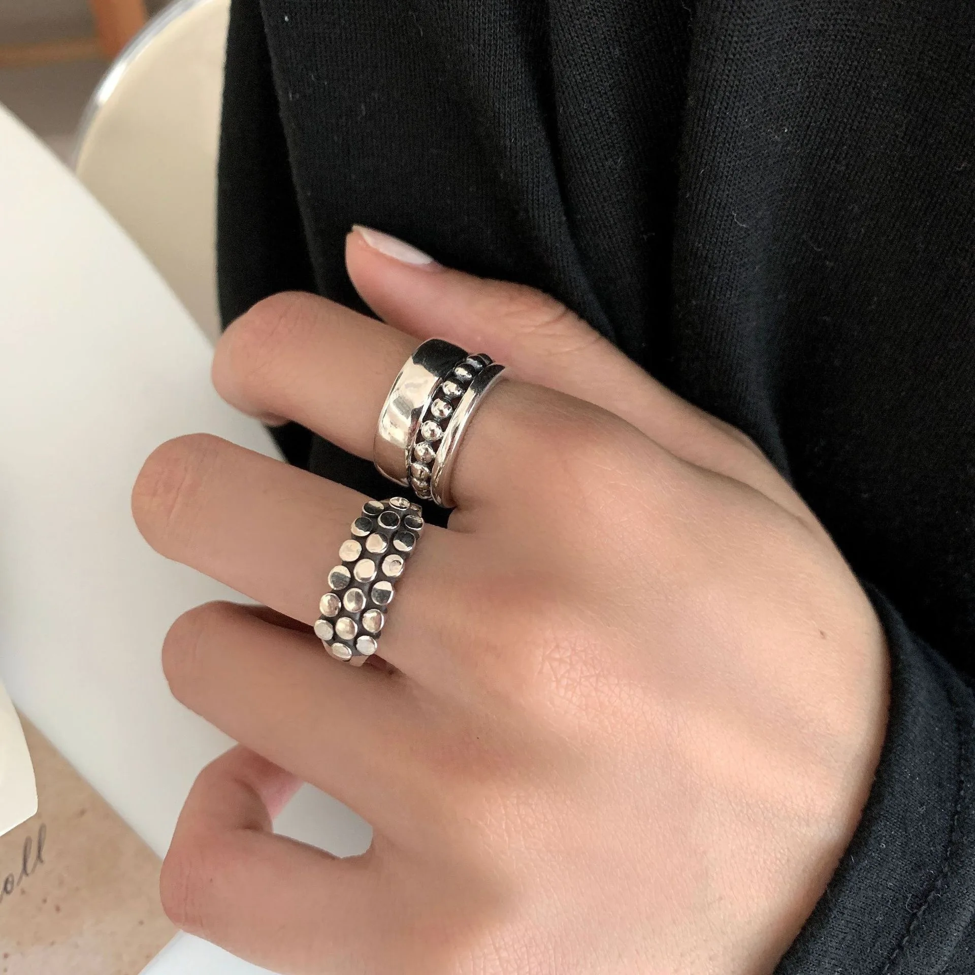 

925 Sterling Silver Rings For Women Vintage Handmade Adjustable Retro Dots Ring Fashion Band Female Bijoux Gift