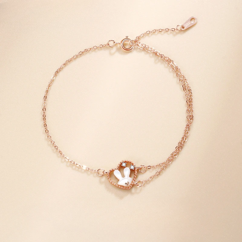 

GXGlint 925 Sterling Silver Rabbit Love Bracelet Double-layer Heart-shaped Bangles Girl's Cute Jewelry Bracelet for Women