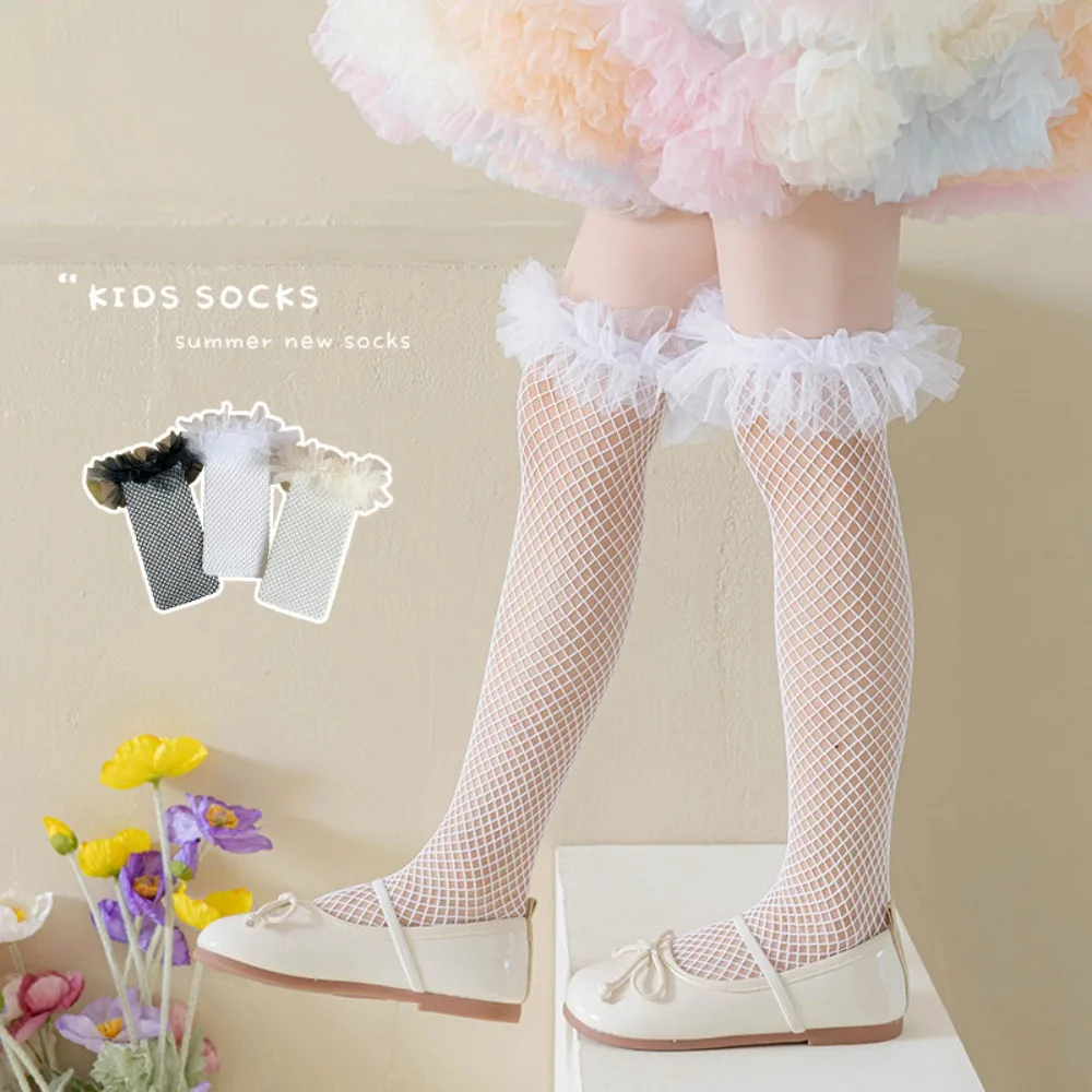 Girls socks spring and summer thin knee-high fishnet stockings openwork lace ribbon ultra-thin Lolita ballet tube children.