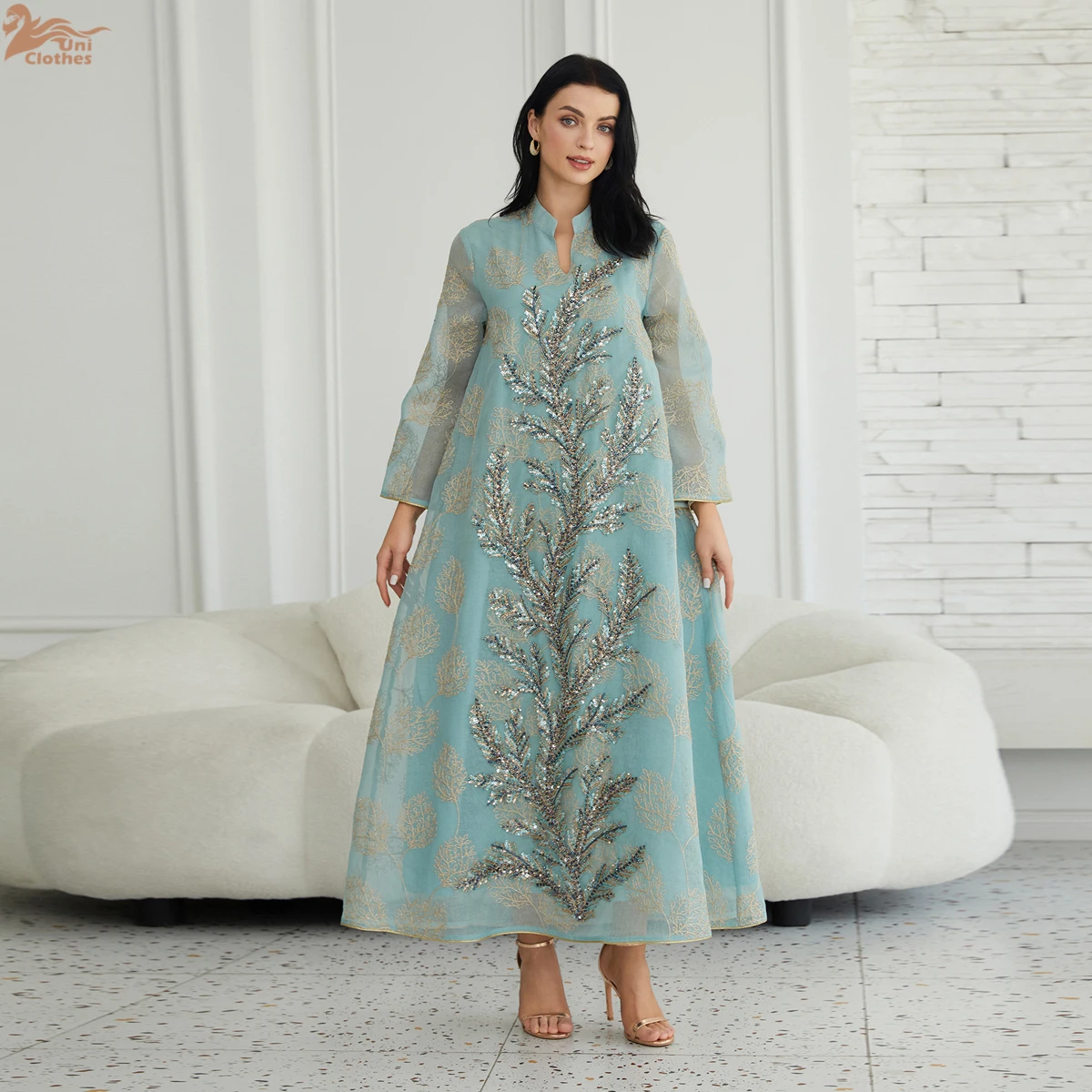 

Uni 2025 Eid Dubai Islamic Elegant Muslim Sequins Embroidery Cardigan Women Muslim Evening Dress Dubai Women Clothing