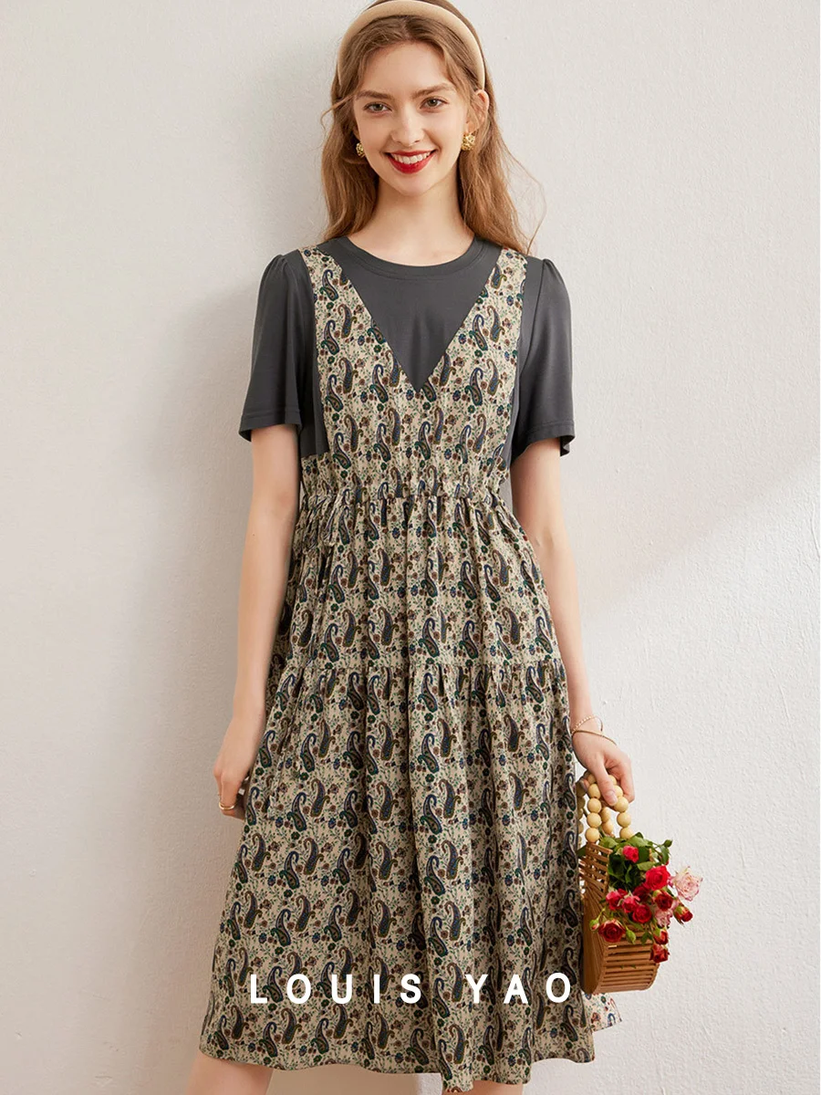 

LOUIS YAO 2025 Retro Printed Fake Two piece Summer Round Neck Decorative Long Set Micro Elastic Women's Dress