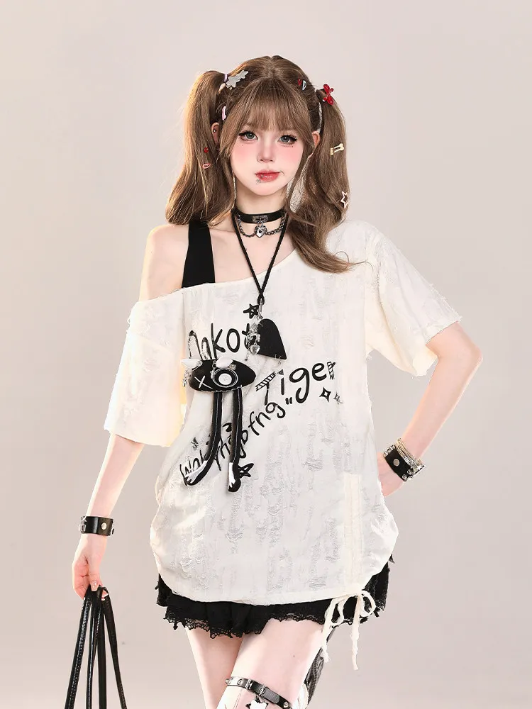 High Quality Hot Selling Wholesale Summer New Retro Sweet Off Shoulder Design Slanted Shoulder Short Sleeved T-shirt Top Women
