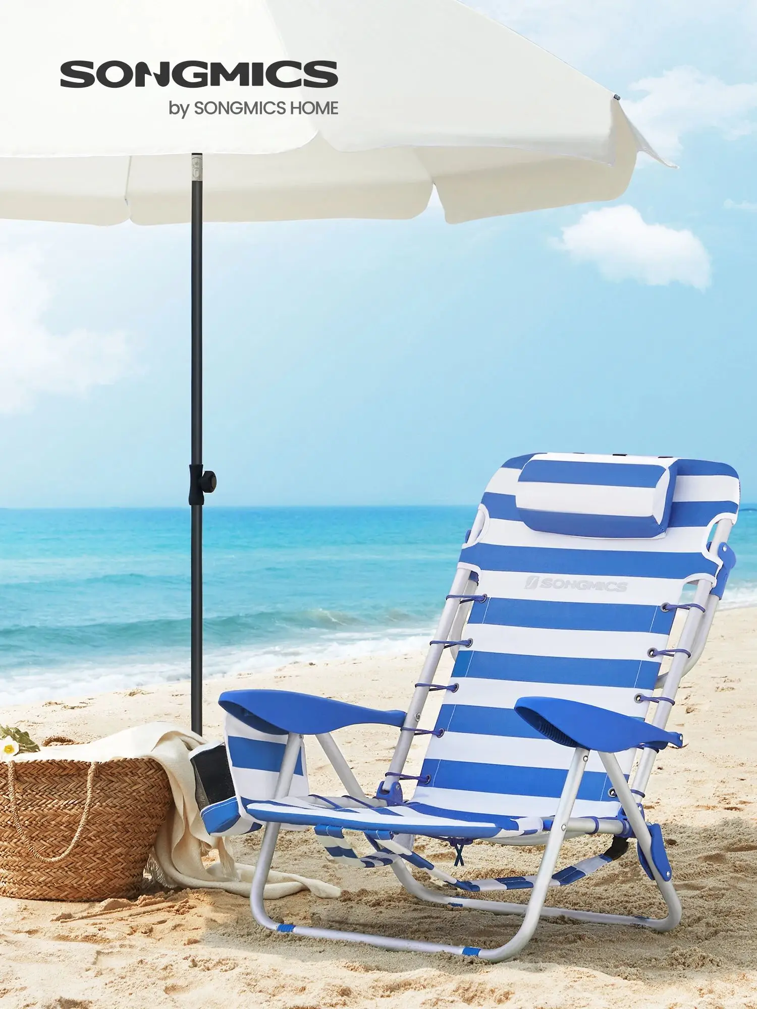 SONGMICS GCB62BU Folding Beach Chair Blue and White 3