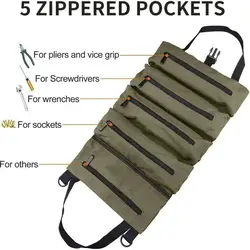 Heavy Duty Canvas Roll-Up Tool Bag, 5 Zippered Pockets Electrician Pouch, Portable Car Seat Organizer for Wrench & Pliers